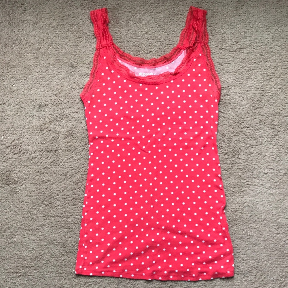 Lace trim polka dot tank top